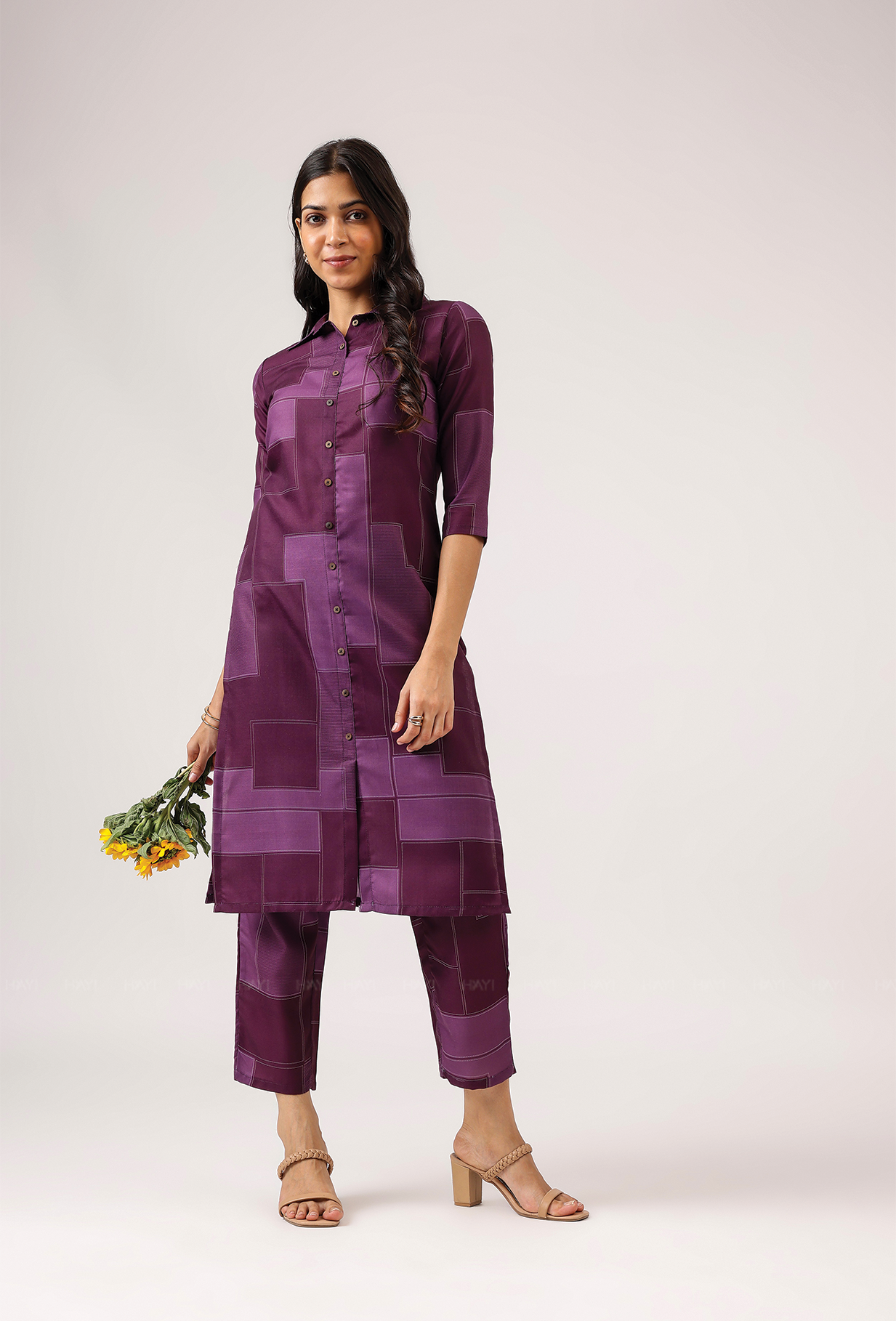 Tangy Plum with Nightshade Whisper printed Linen Blend Co ord set