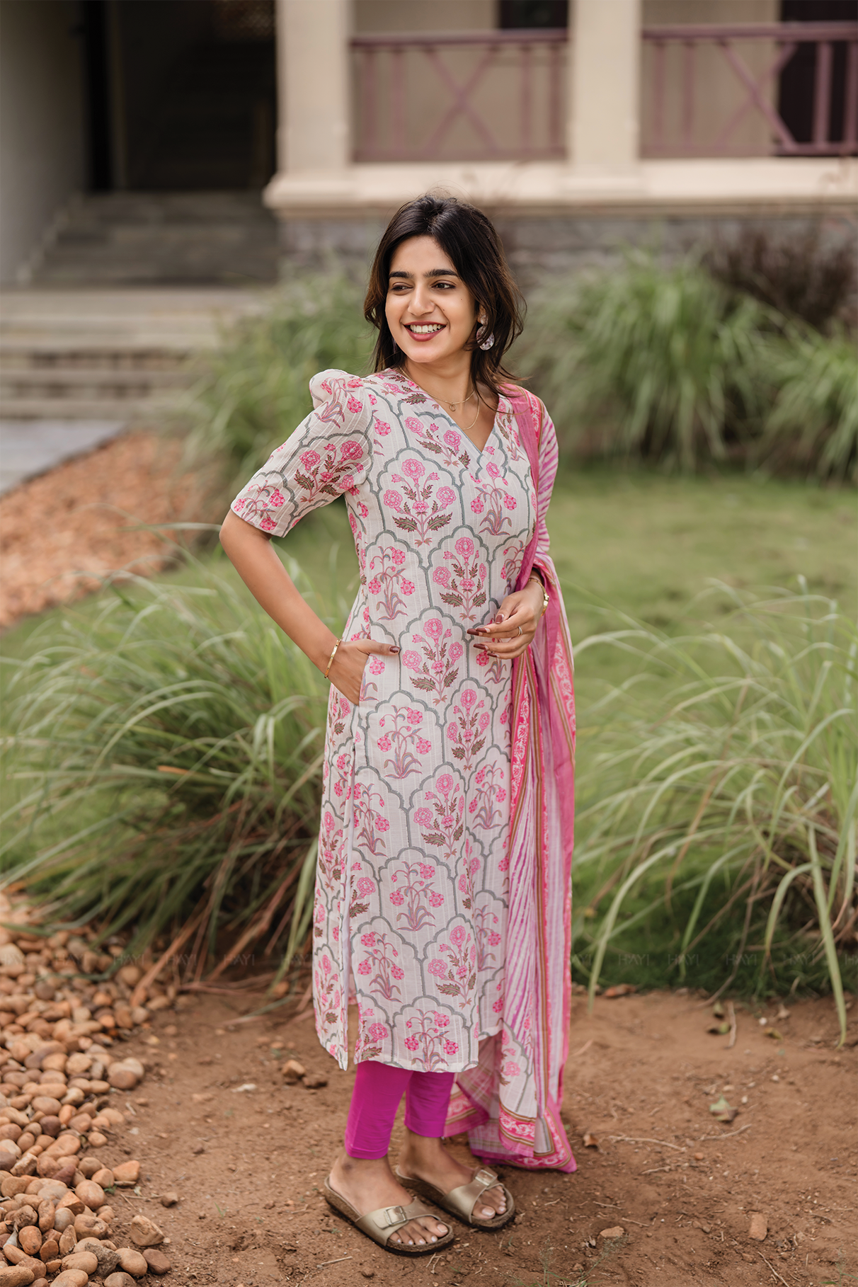 Bloomveil Half-White printed 2 Piece Linen Blend Kurta with Dupatta