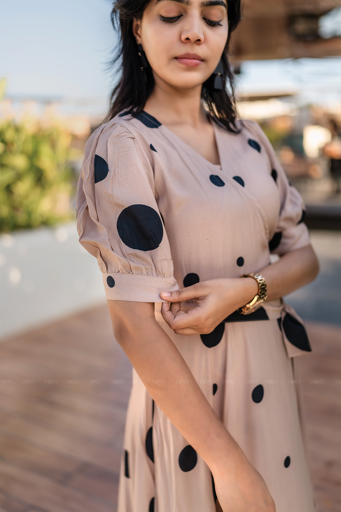 Desert Bubble Beige Viscose Wrap Dress with V-Neckline & Light Puff Sleeves