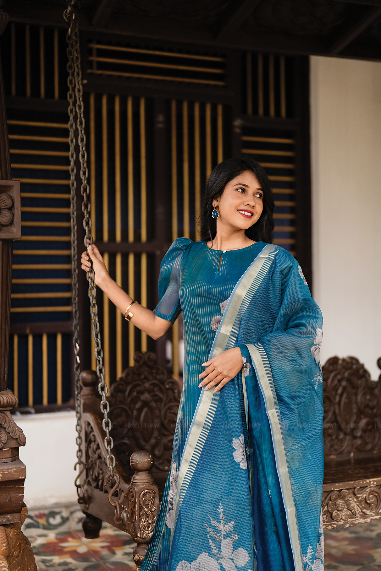Lagoon Petals 3 Piece Peacock Blue Organza Printed Kurta with Pant & Dupatta