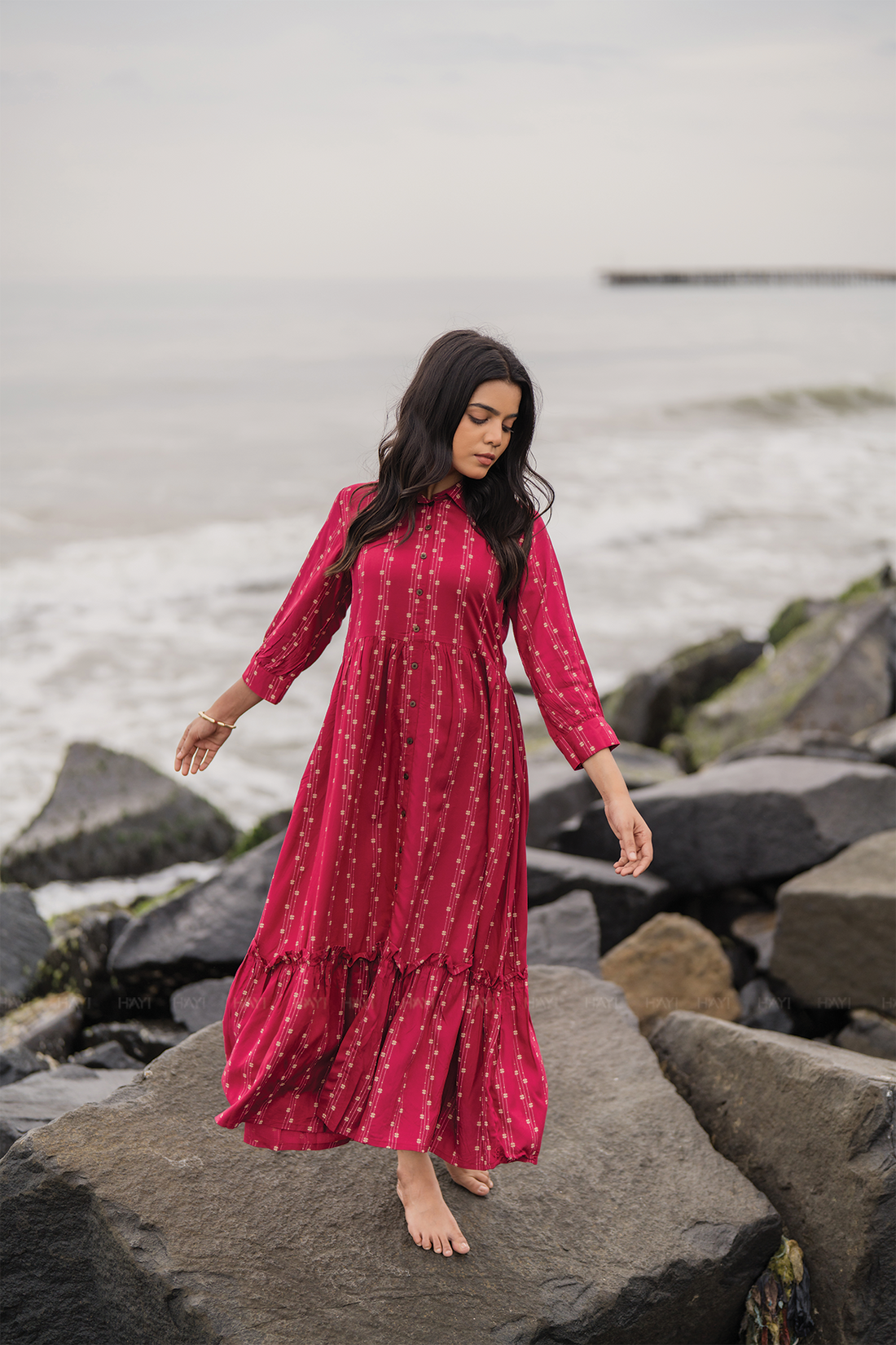 Dark Pink with Nomadic Whispers printed Viscose Dress