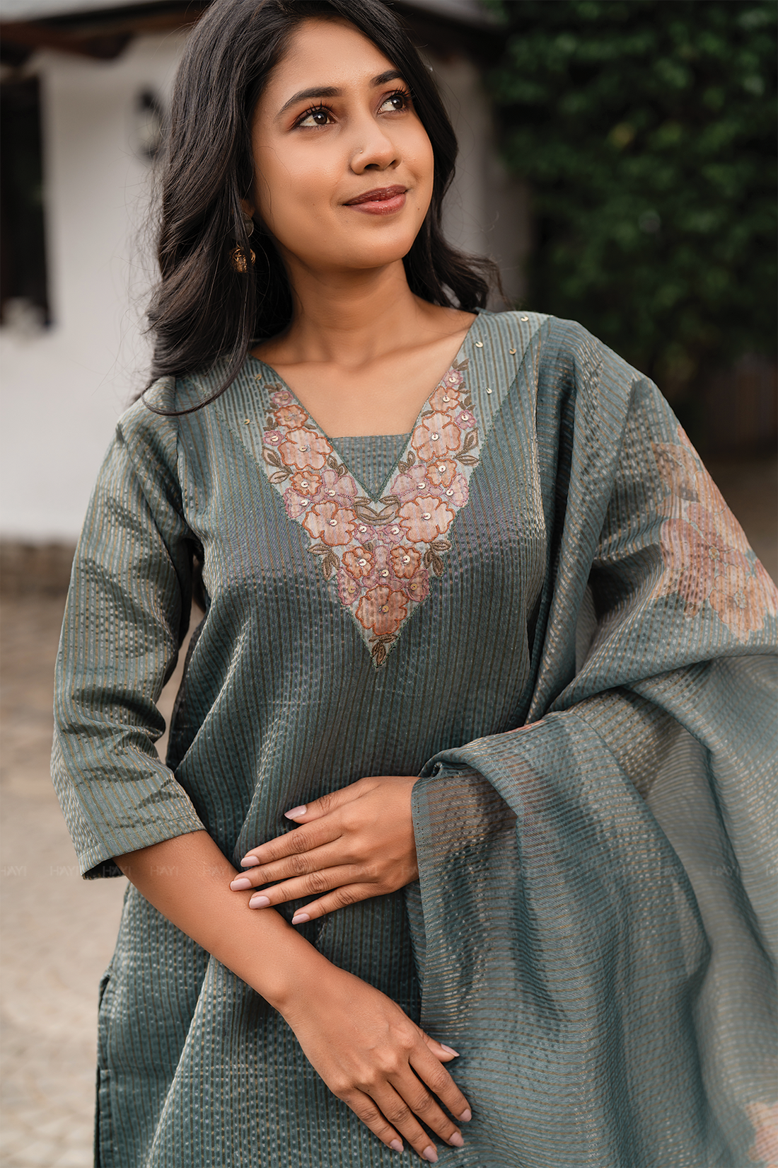 Green Mist 3 Piece Crush Silk Blend Floral Hand-Embroidered Kurta with Pant & Dupatta