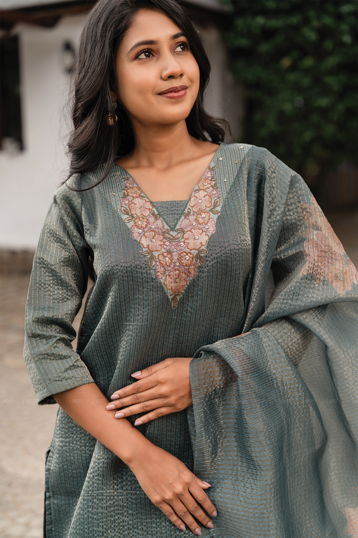 Green Mist 3 Piece Crush Silk Blend Floral Hand-Embroidered Kurta with Pant & Dupatta