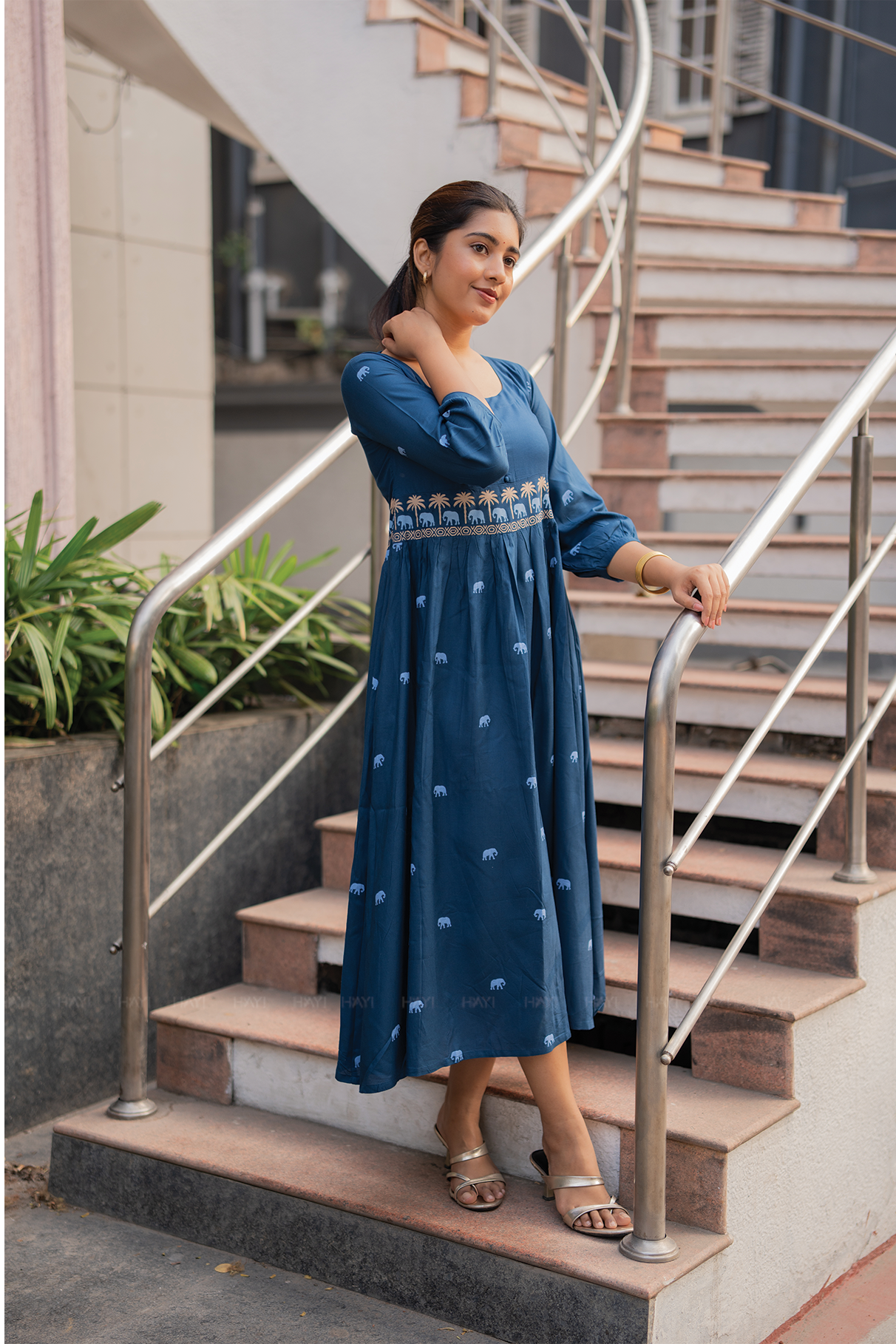 Tusker Tale Greyish Blue Viscose Dress with Round Square Neckline & 3/4th Sleeves