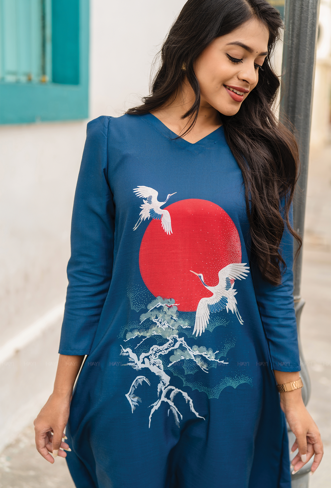 Ascent Blue with Cranes Embrace printed Linen Blend Co-ords