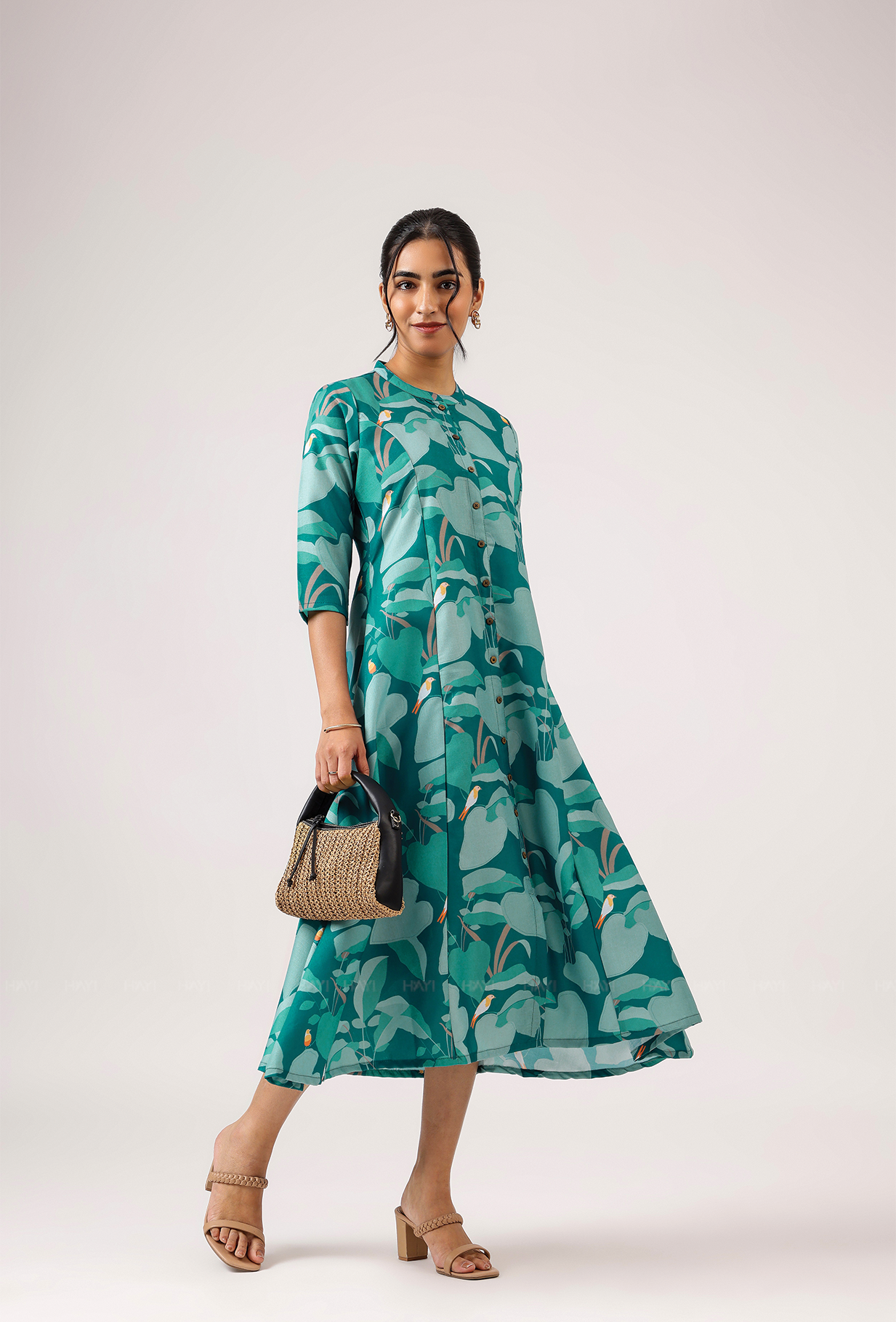 Mosaic Green with Dreamy Forest printed Linen Blend A-line Dress