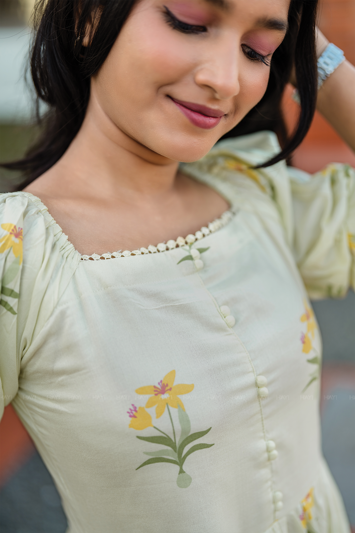 Florabelle Green Viscose Dress with Shoulder Elastic & Frill Sleeves