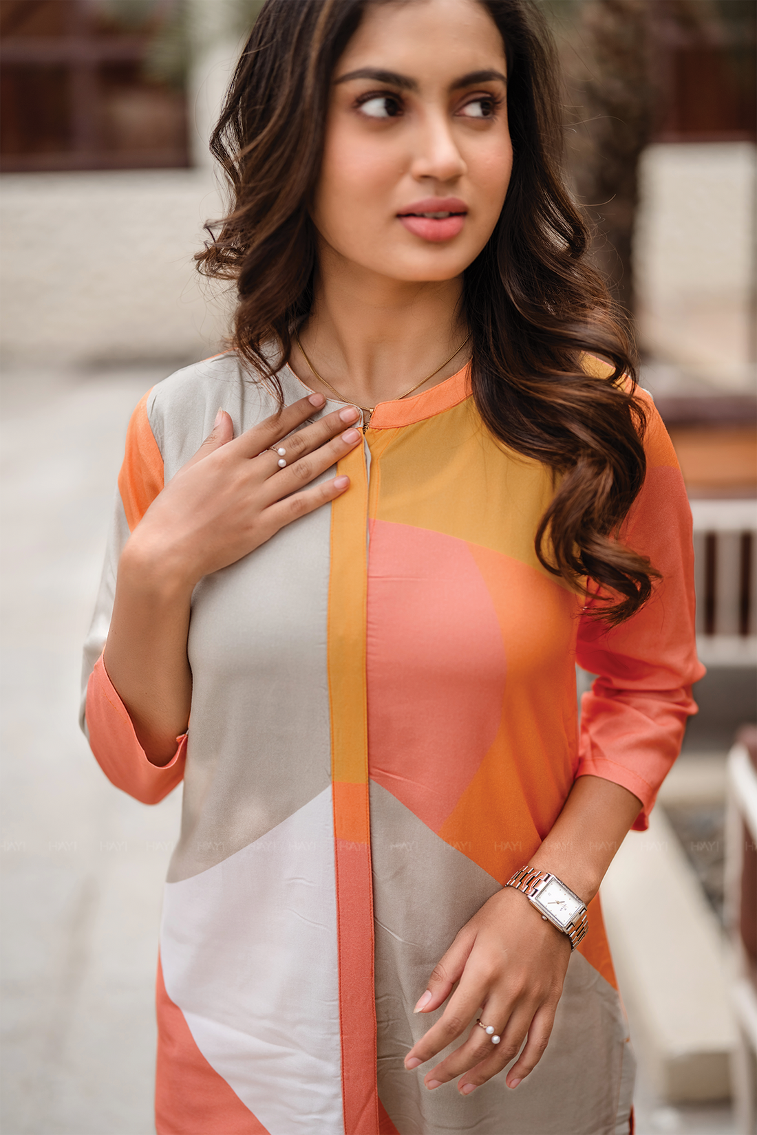 Rustic Rhythm Beige Viscose Co-ord with Chinese Collar & 3/4th Sleeves