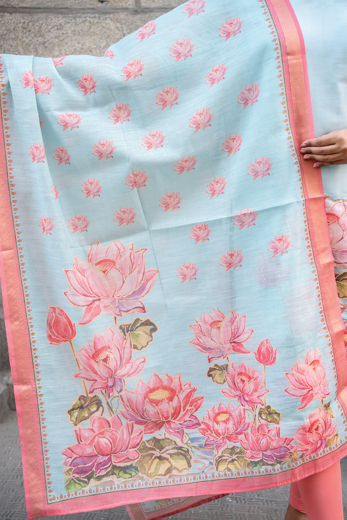 Lotus Mist Blue Printed 3 Piece Shimmer Tissue Kurti Set with Dupatta