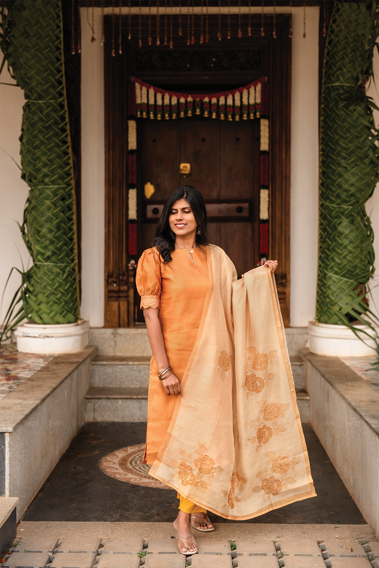 Aurel Yellow 3 Piece Tussar Silk Blend Printed Kurta with Pant & Dupatta