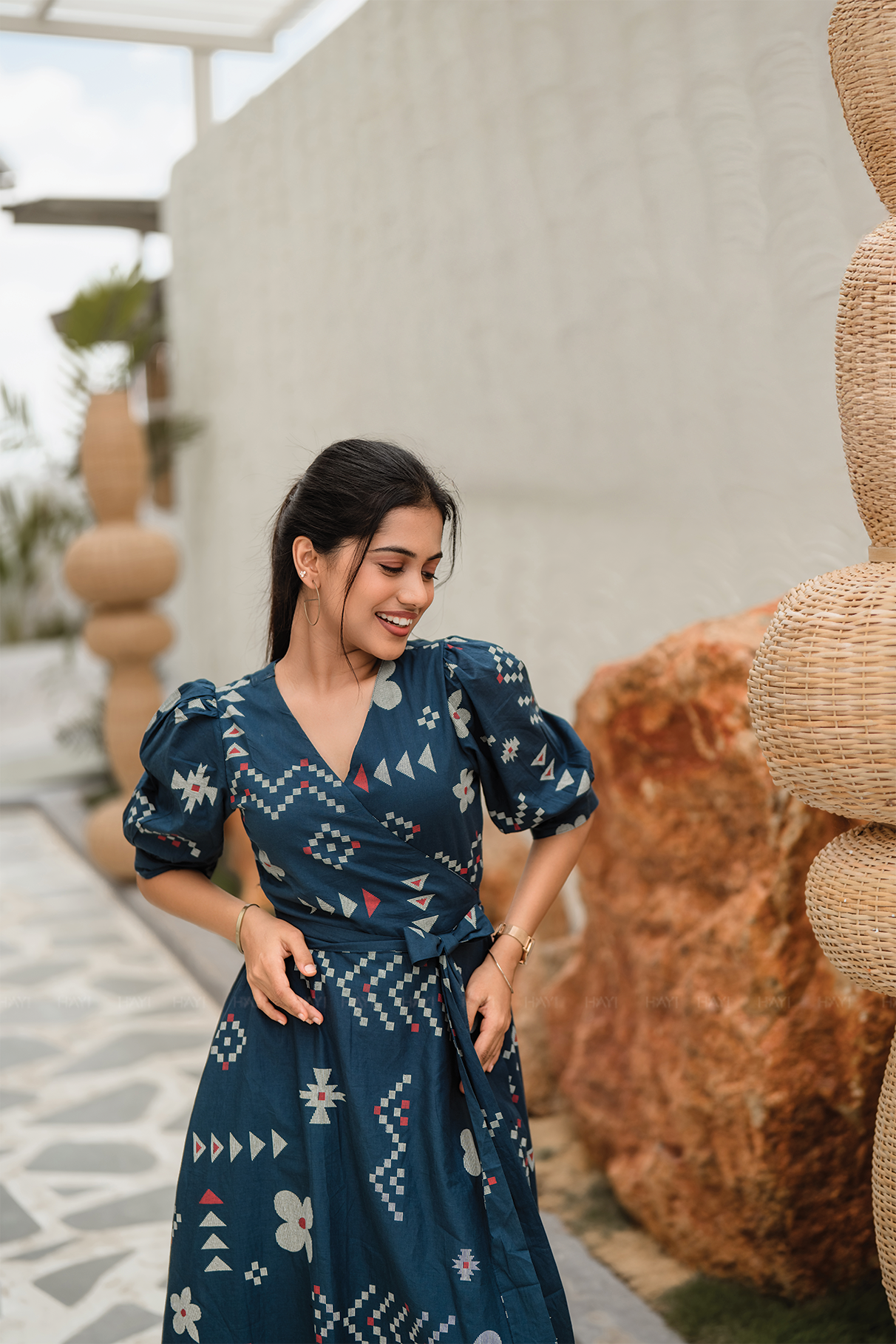 Navy Wrap Cotton Dress with V-Neckline Wraparound Style