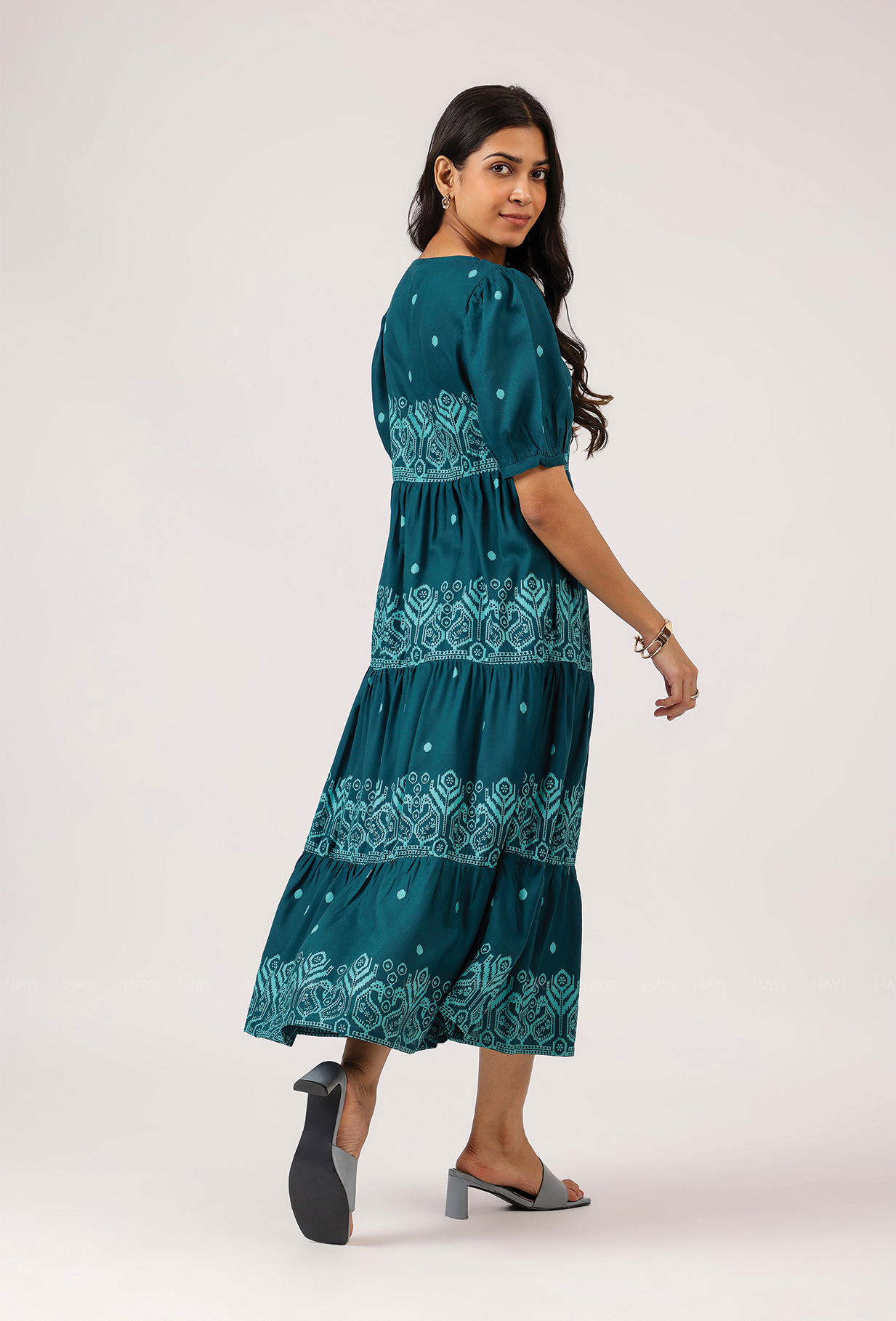 Fiesta Teal Green with Carnival Ikat printed Viscose Dress