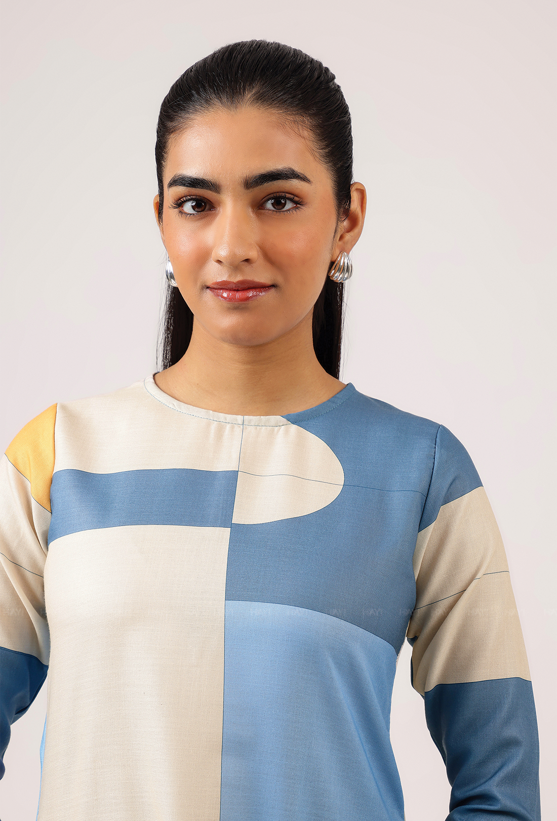 Cubed Blue with Grid Maze printed Linen Blend A-line Dress