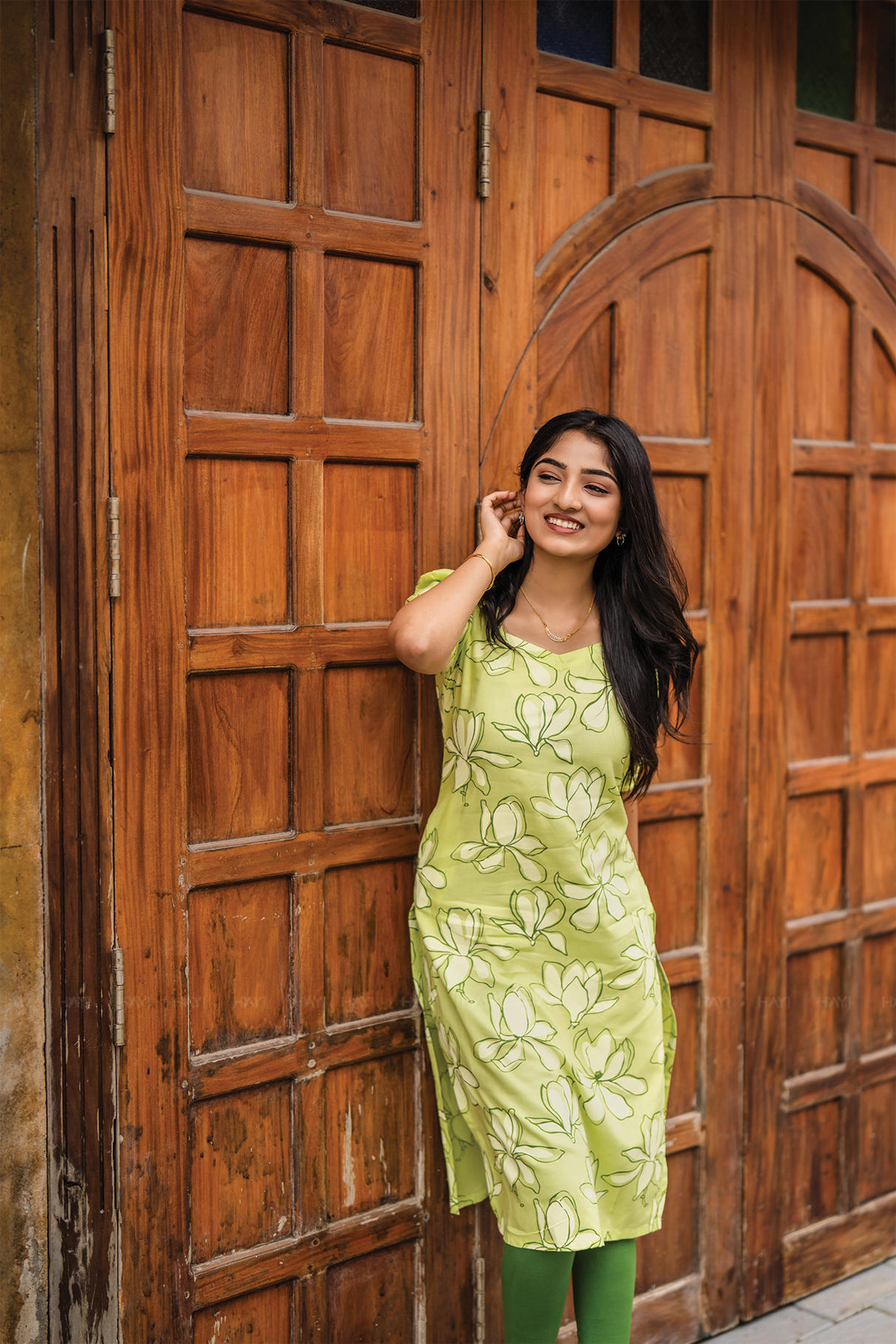 Green Blossom Chic with floral printed Viscose Kurta