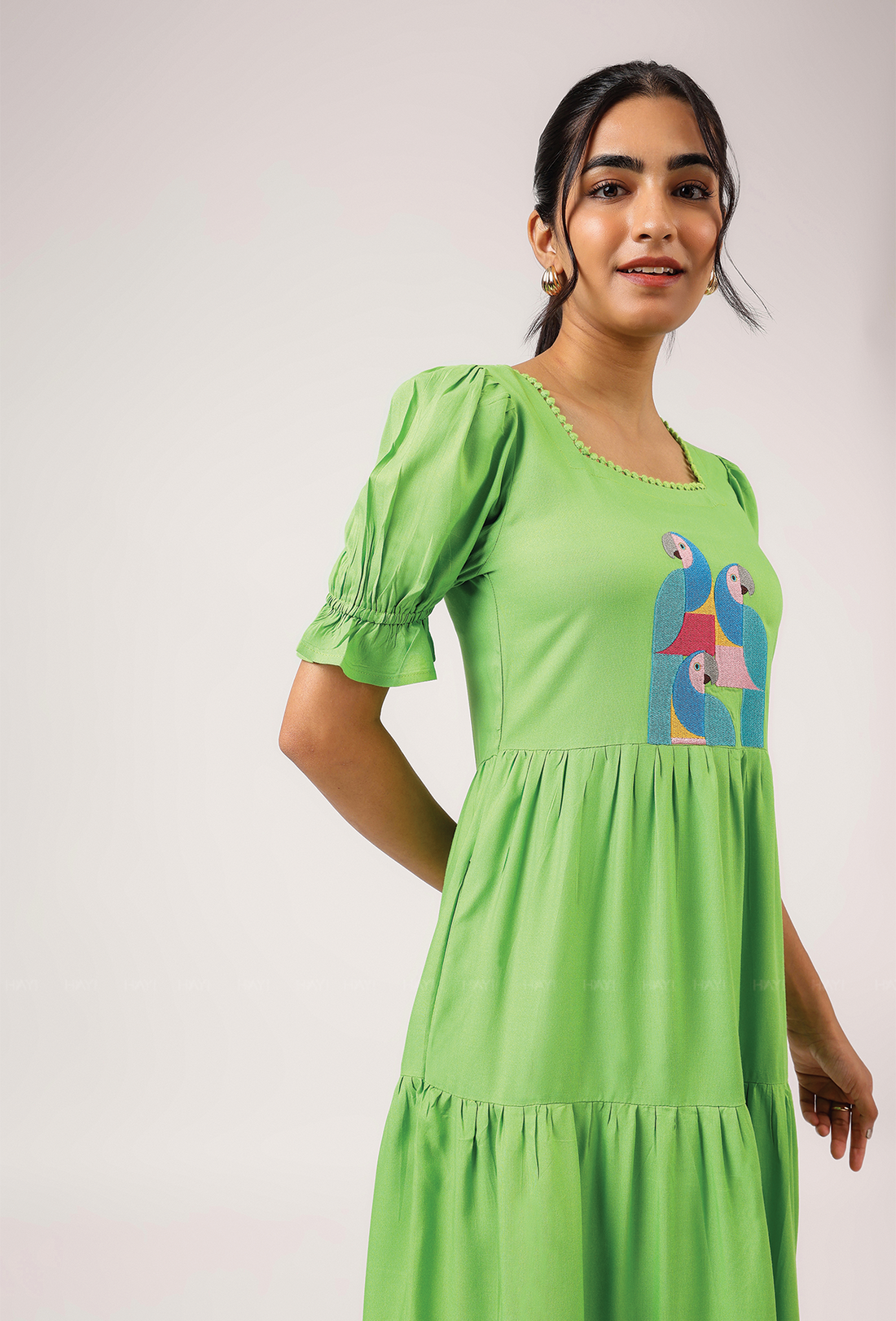 Hushed Green with Cubist Parrot embroidery Viscose Dress