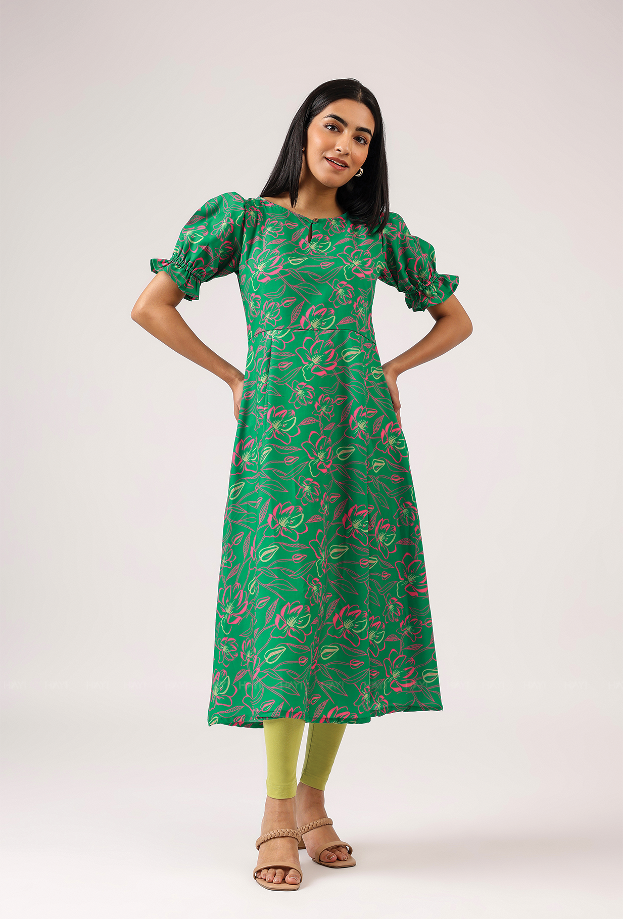 Ornate Green with Luminous Glimmer printed Cambric Blend Dress