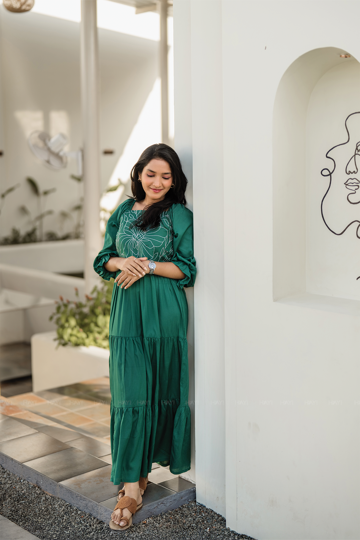 Green Floral Whimsy Green Viscose Dress with Shoulder Elastic & Embroidery