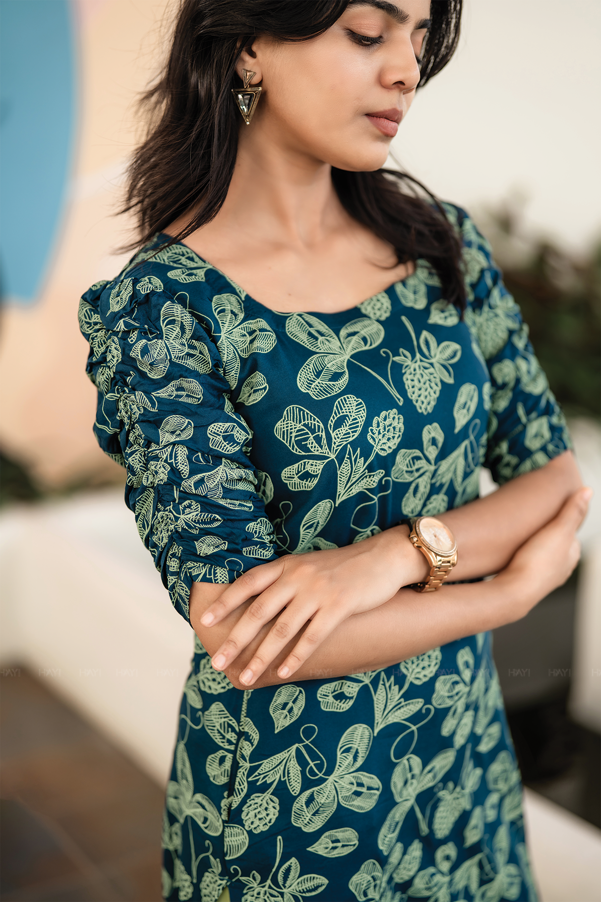 Pinecone Teal Blue Viscose Blend Kurti with Pot Neck & Puff Sleeves