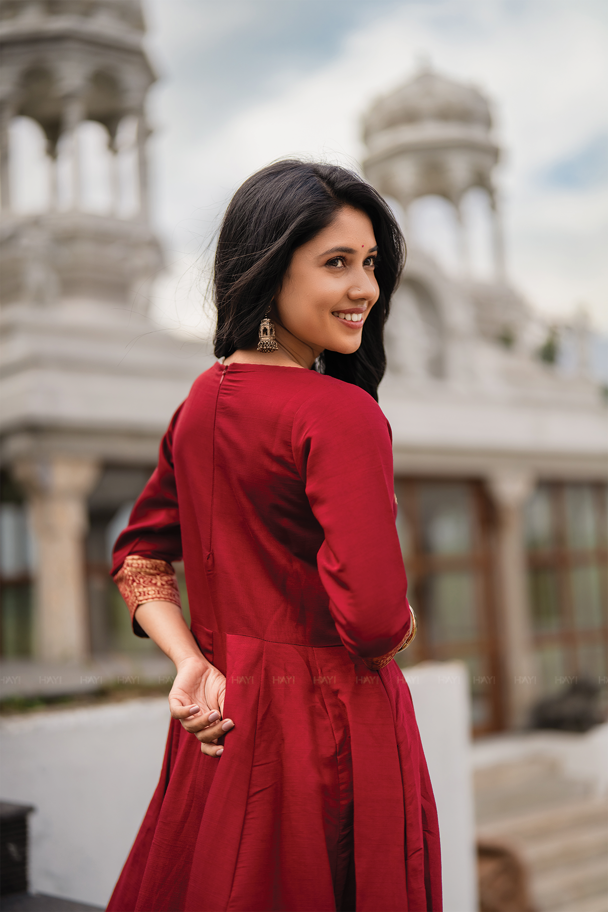 Palm Lustre Deep Red Viscose Placement Print Embroidered Anarkali with Round Neck & 3/4th Sleeves