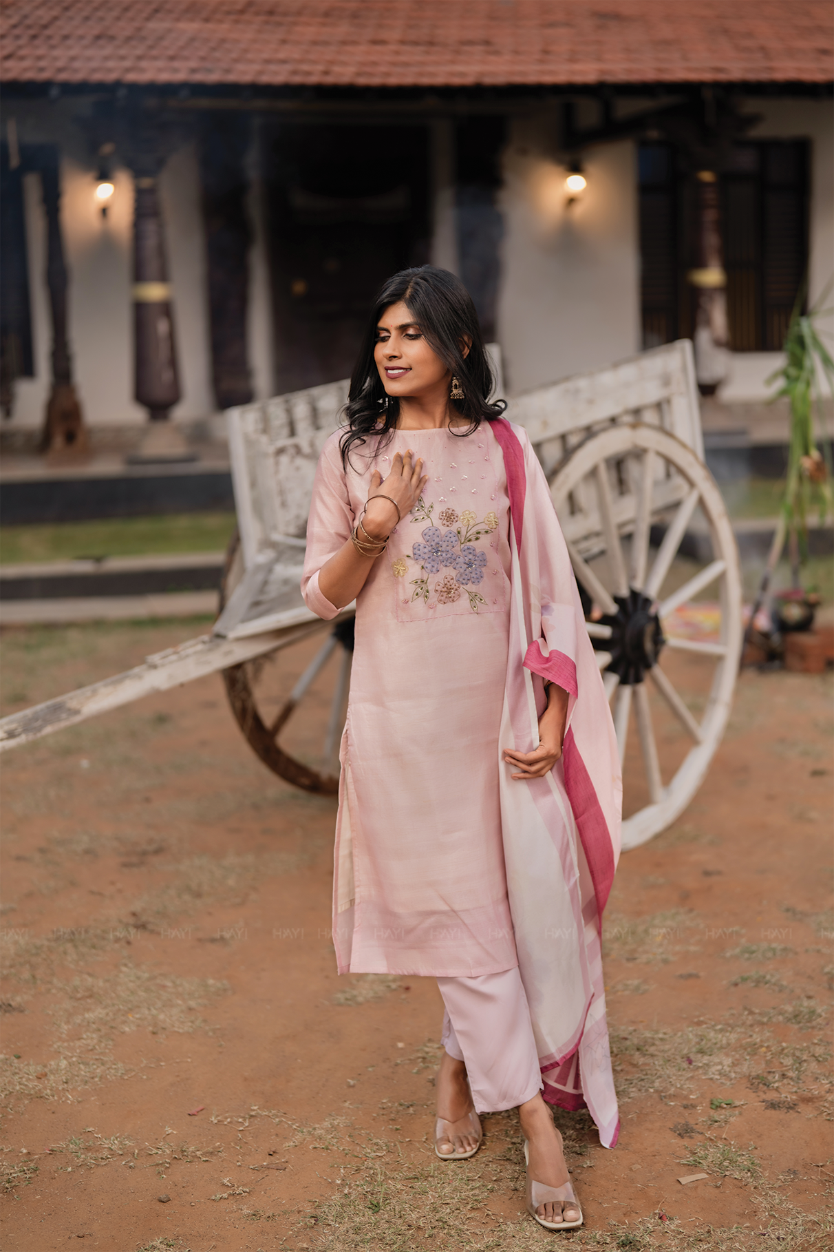 Rose Mist Light Pink 3 Piece Tussar Silk Blend Floral Embroidered & Printed Kurta with Pant & Dupatta
