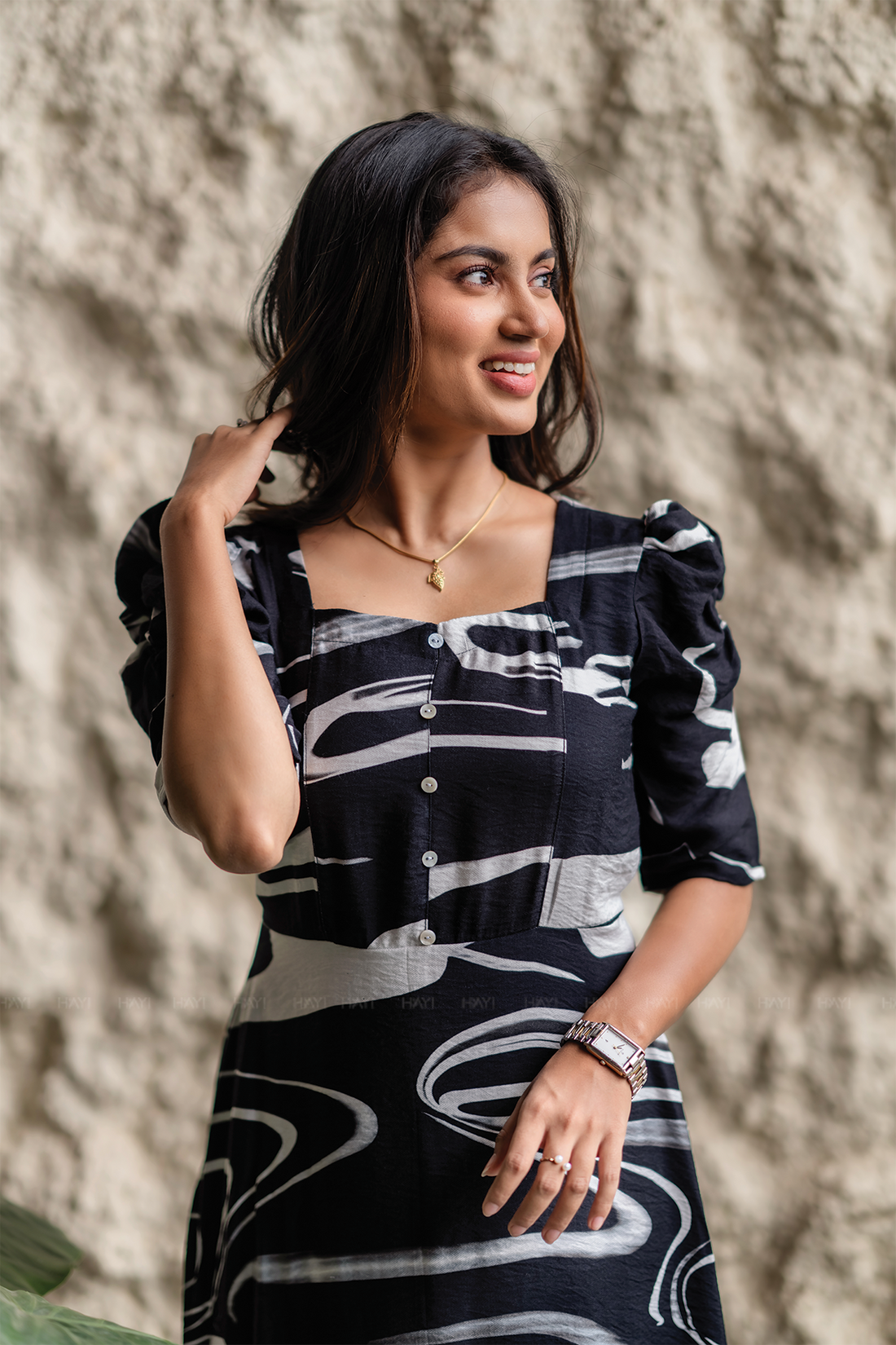 Nod Mosaic Black Viscose Dress with Sweetheart Neck & Half-Ruched Sleeves