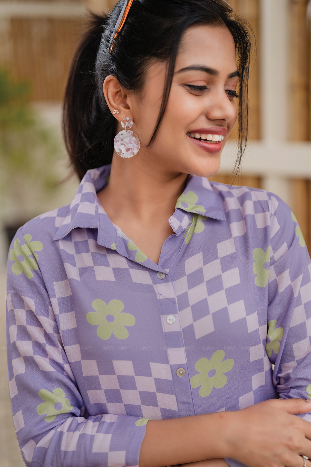 Soft Loop Lavender Viscose Co-ord with Shirt Collar Neck & 3/4th Sleeves