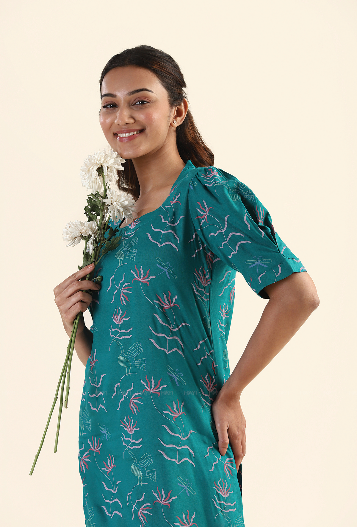 Botanical Teal Moss & Roses Viscose Kurta