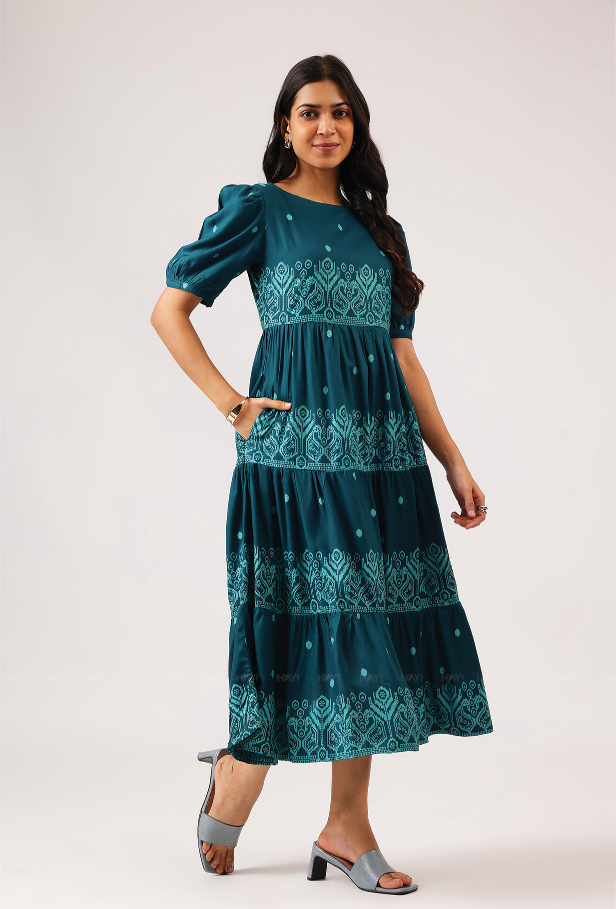 Fiesta Teal Green with Carnival Ikat printed Viscose Dress
