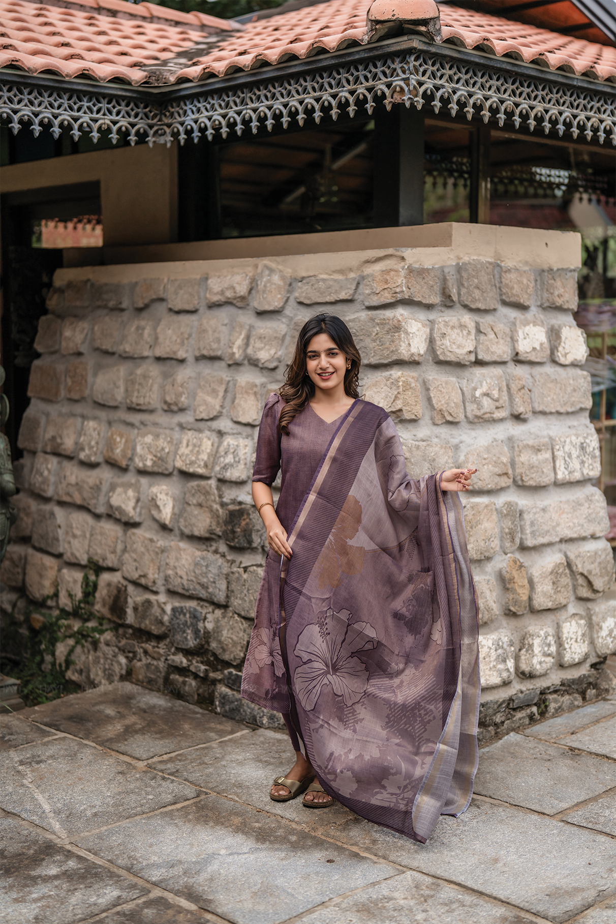 Nritya Lavender printed 2 Piece Linen Shimmer Kurta with Dupatta
