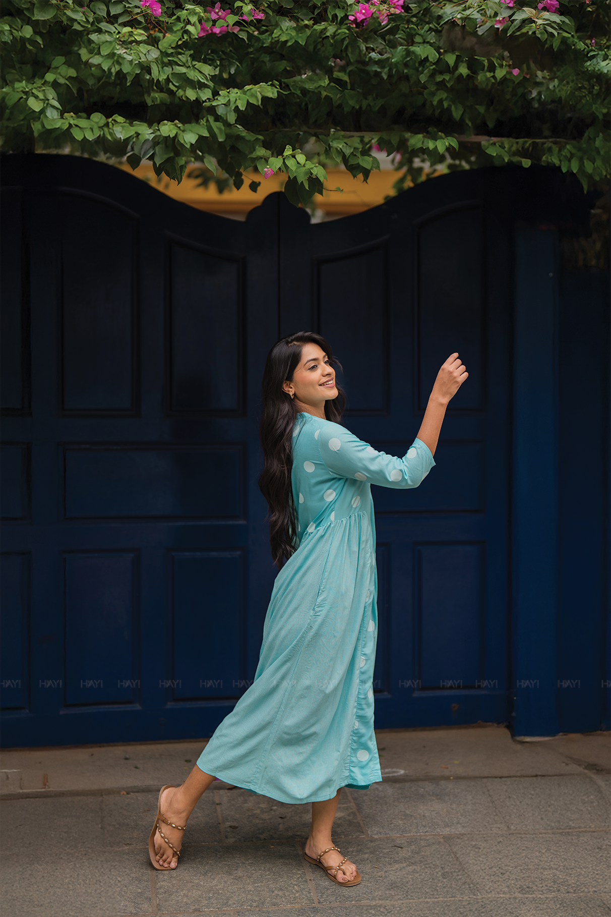 Fog Blue with Mist Pleats printed Viscose A-line Dress