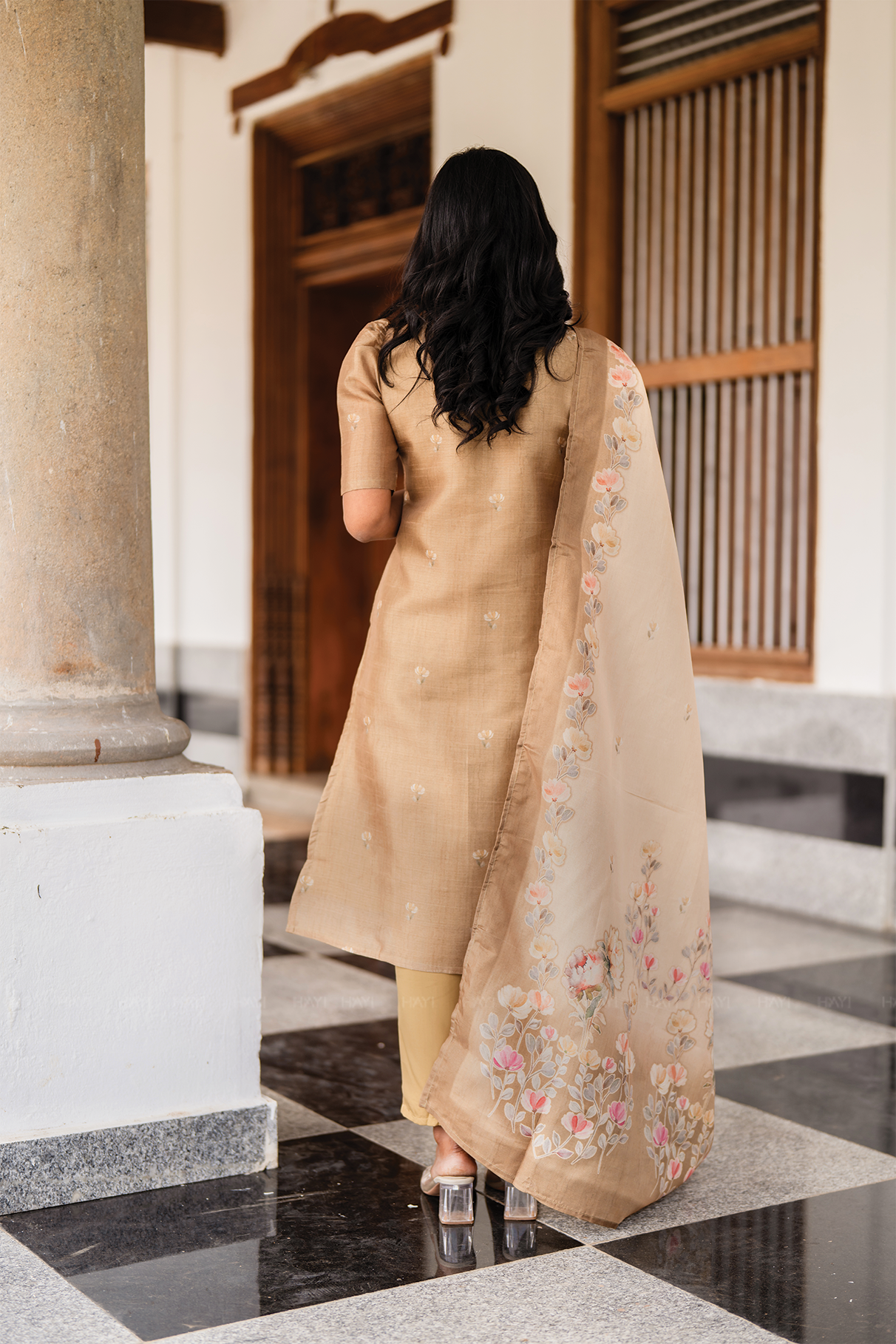 Classic Natural Yellow 3-Piece Tussar Silk Blend Floral Hand-Embroidered Kurta with Pant & Dupatta