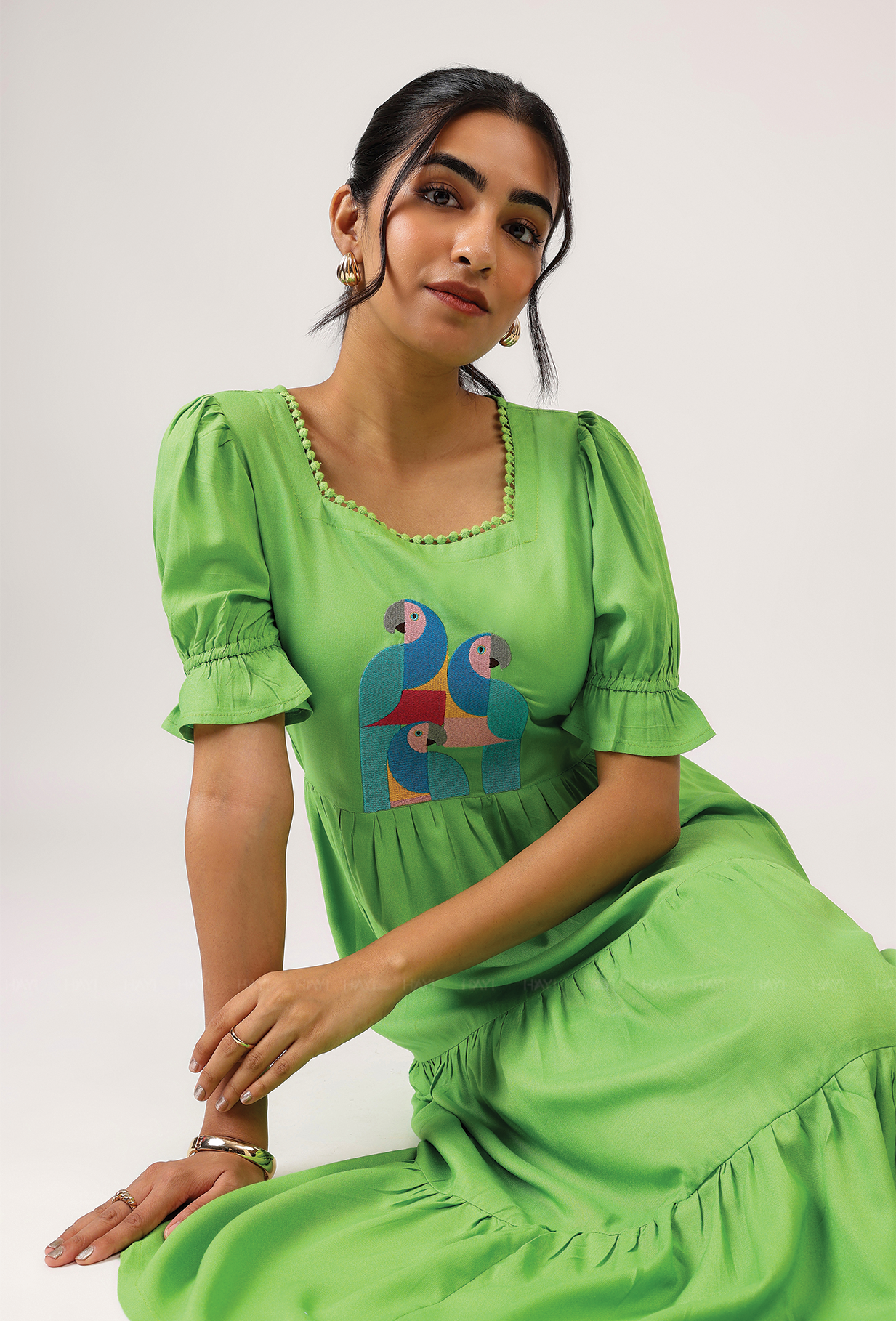 Hushed Green with Cubist Parrot embroidery Viscose Dress
