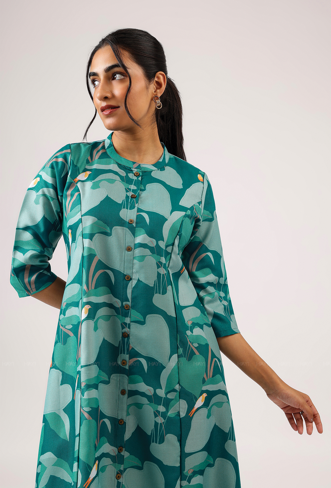 Mosaic Green with Dreamy Forest printed Linen Blend A-line Dress