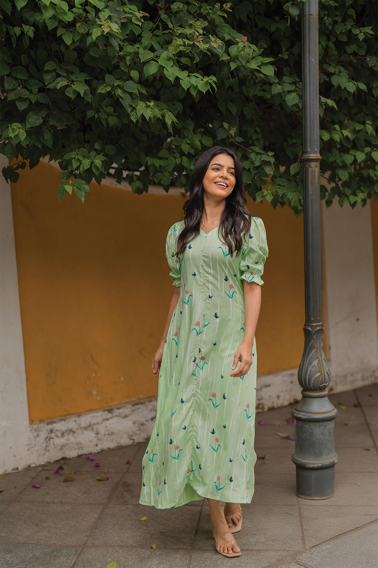 Sage Green with Mint petal printed Viscose A-line Dress