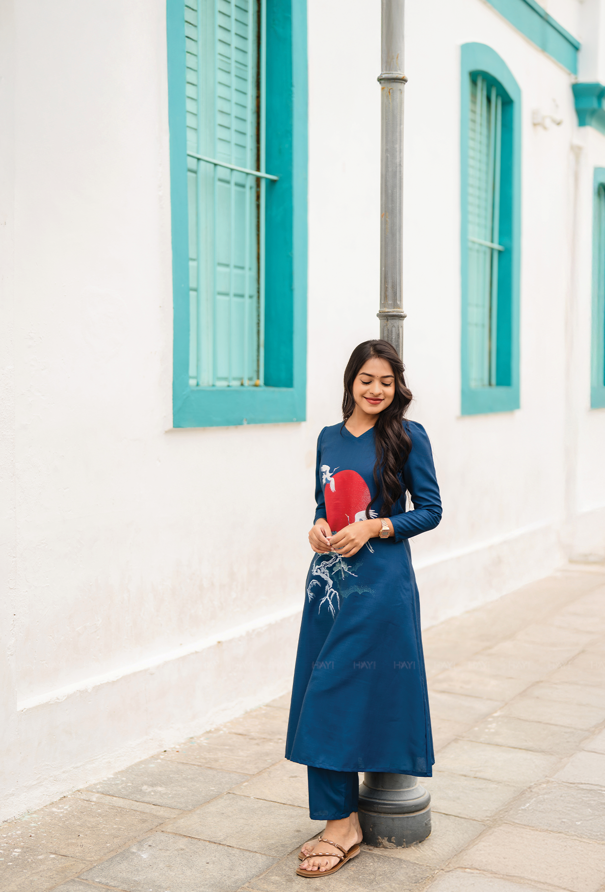 Ascent Blue with Cranes Embrace printed Linen Blend Co-ords