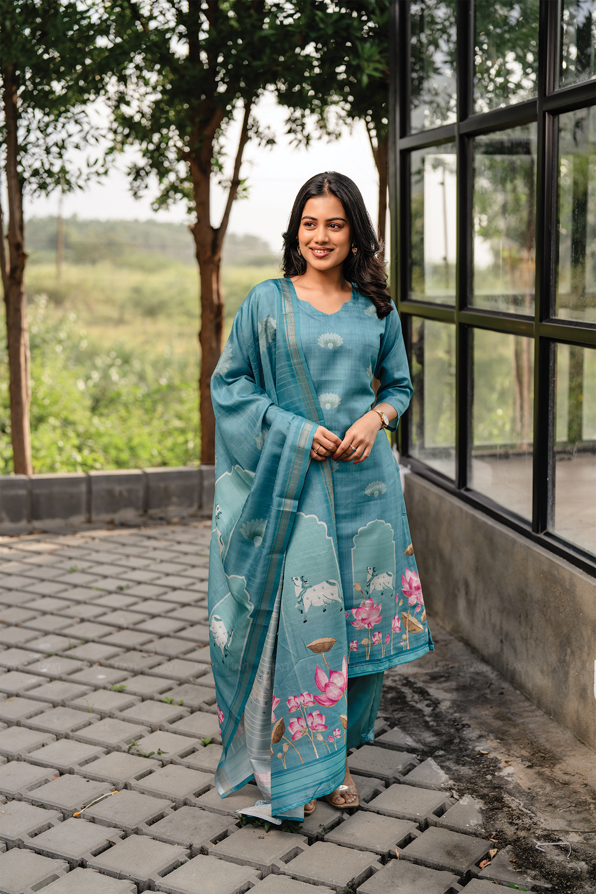 Lotus Charm Blue 3 Piece Tussar Silk Blend Printed Kurta with Pant & Dupatta