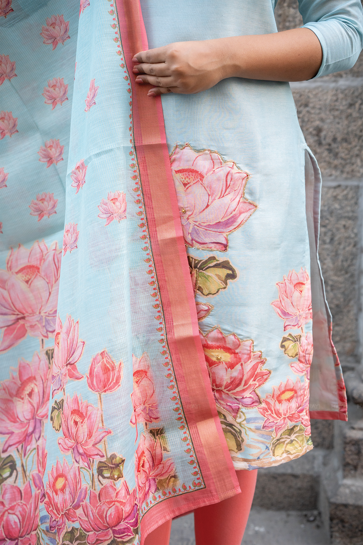 Lotus Mist Blue Printed 3 Piece Shimmer Tissue Kurti Set with Dupatta