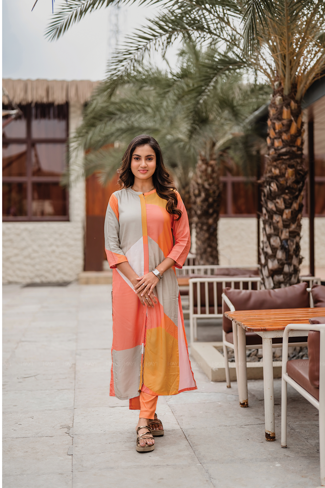 Rustic Rhythm Beige Viscose Co-ord with Chinese Collar & 3/4th Sleeves