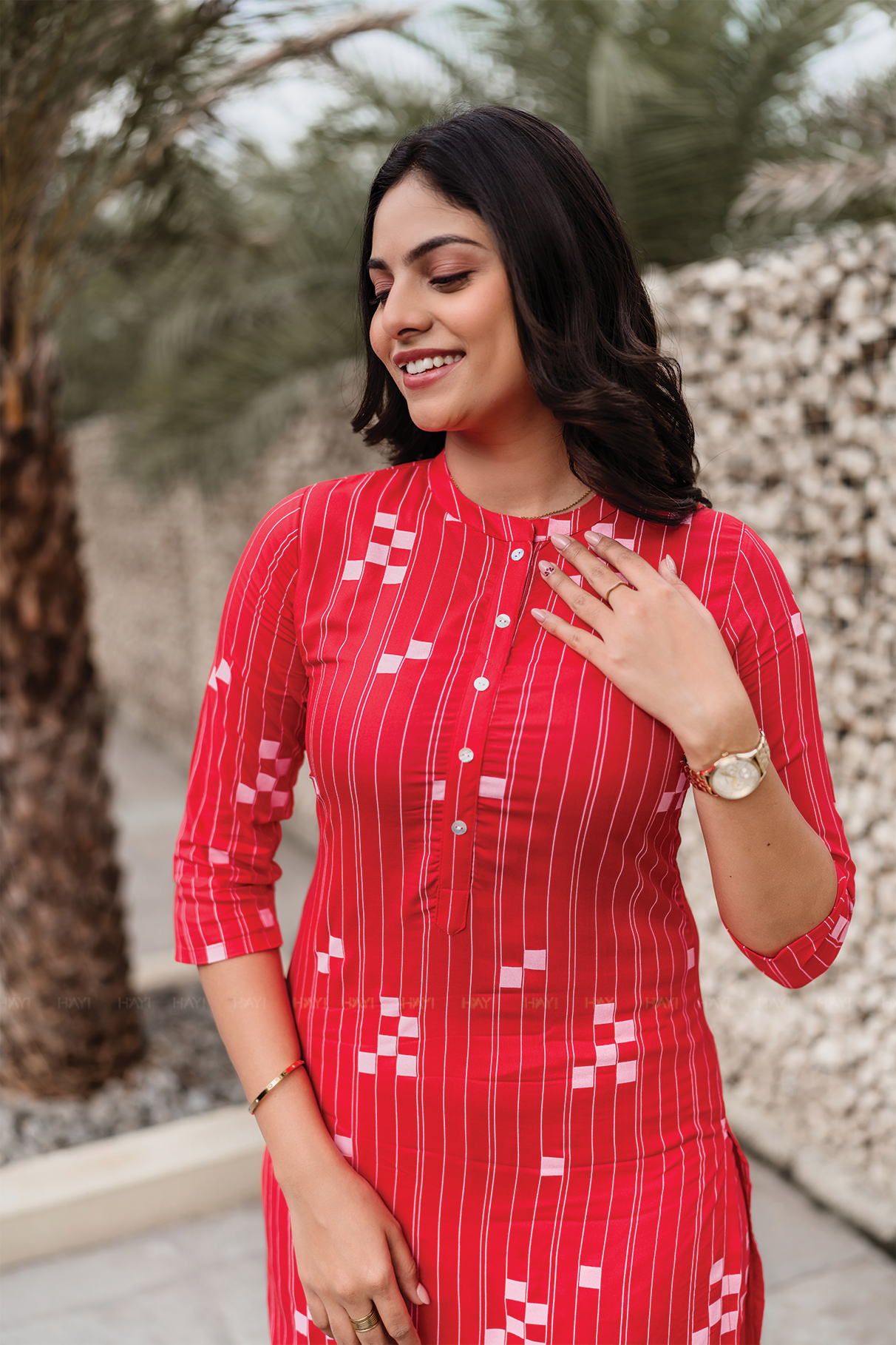 Blush Streak Red Viscose Co-ord with Chinese Collar & 3/4th Sleeves