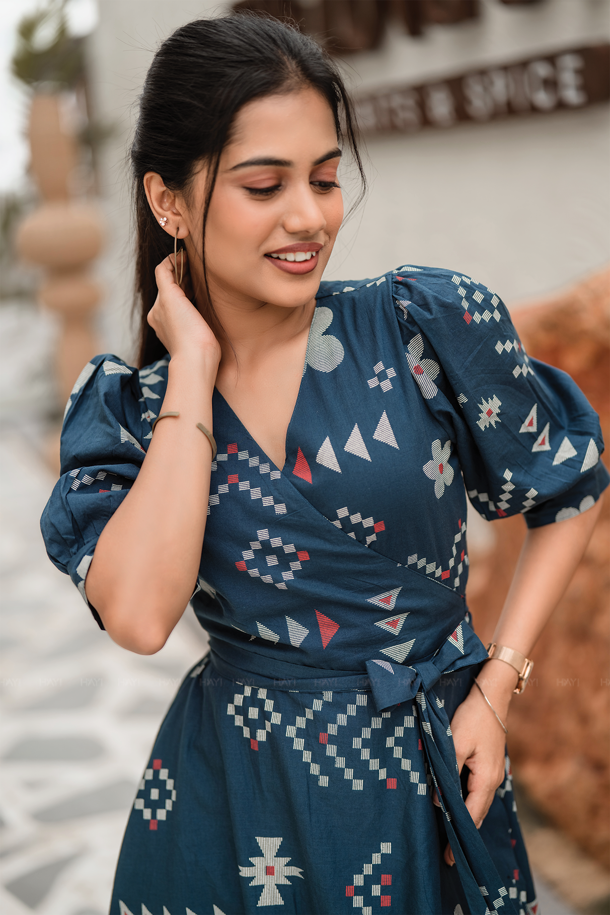 Navy Wrap Cotton Dress with V-Neckline Wraparound Style