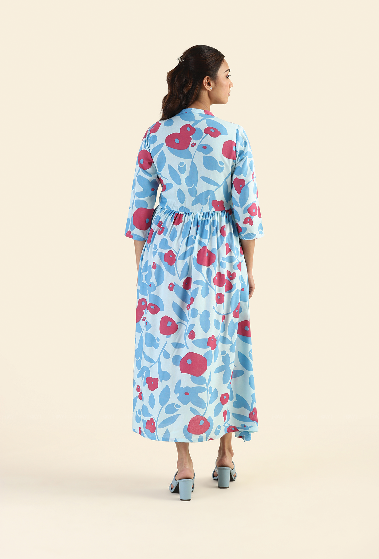 Shuttered Blue Fragmented Flowers Printed Viscose Dress