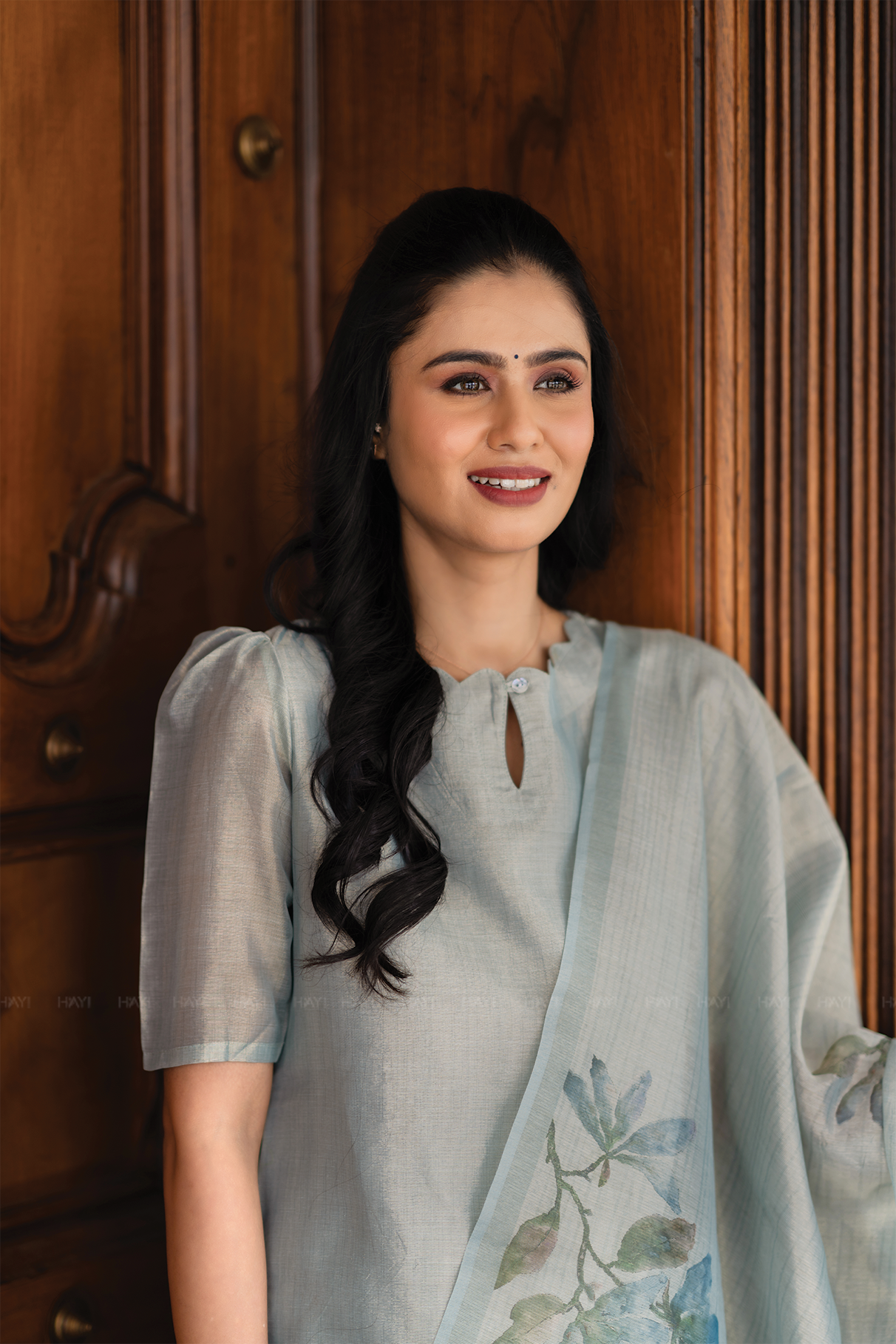 Periwinkle 3 Piece Blue Shimmer Tissue Printed Kurta with Pant & Dupatta