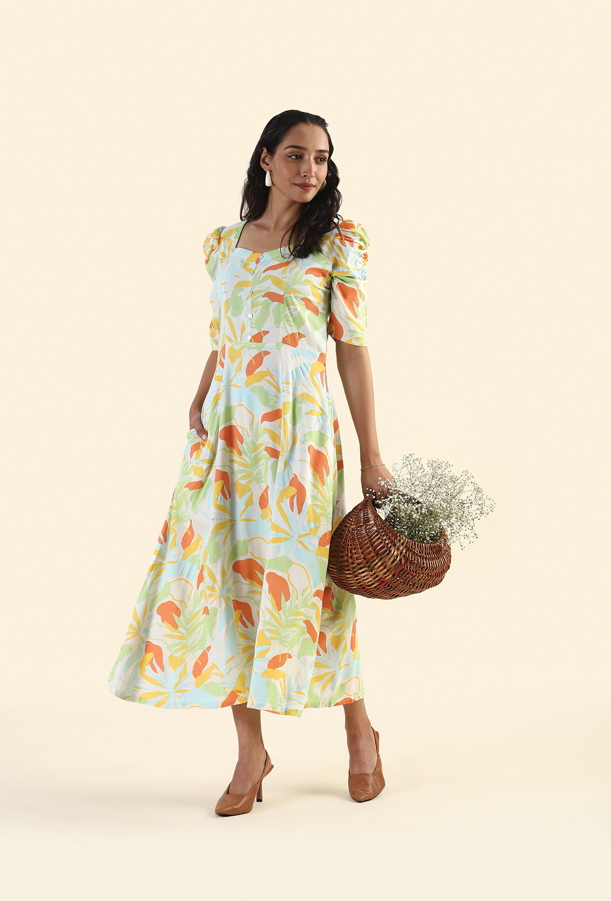 Pine Beige Evergreen elegance Printed Viscose Dress