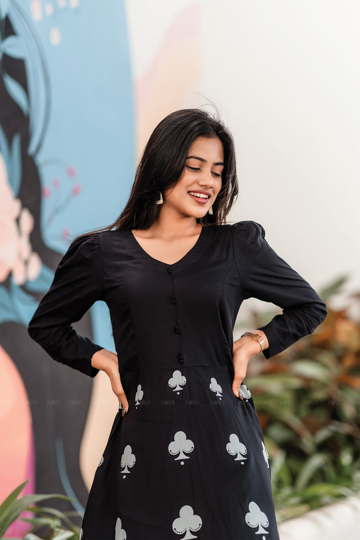 Clover Black Viscose Blend Dress with V-Neck and Light Puff Sleeves