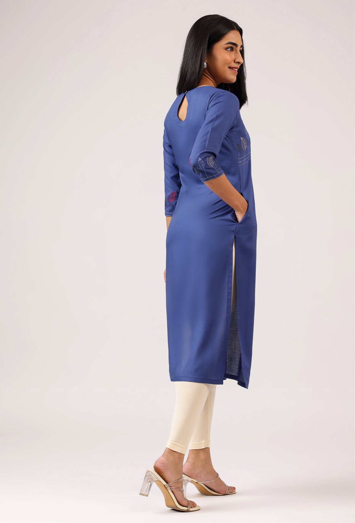 Drawn Blue with Ink Weave Leaf Embroidery Viscose Kurta