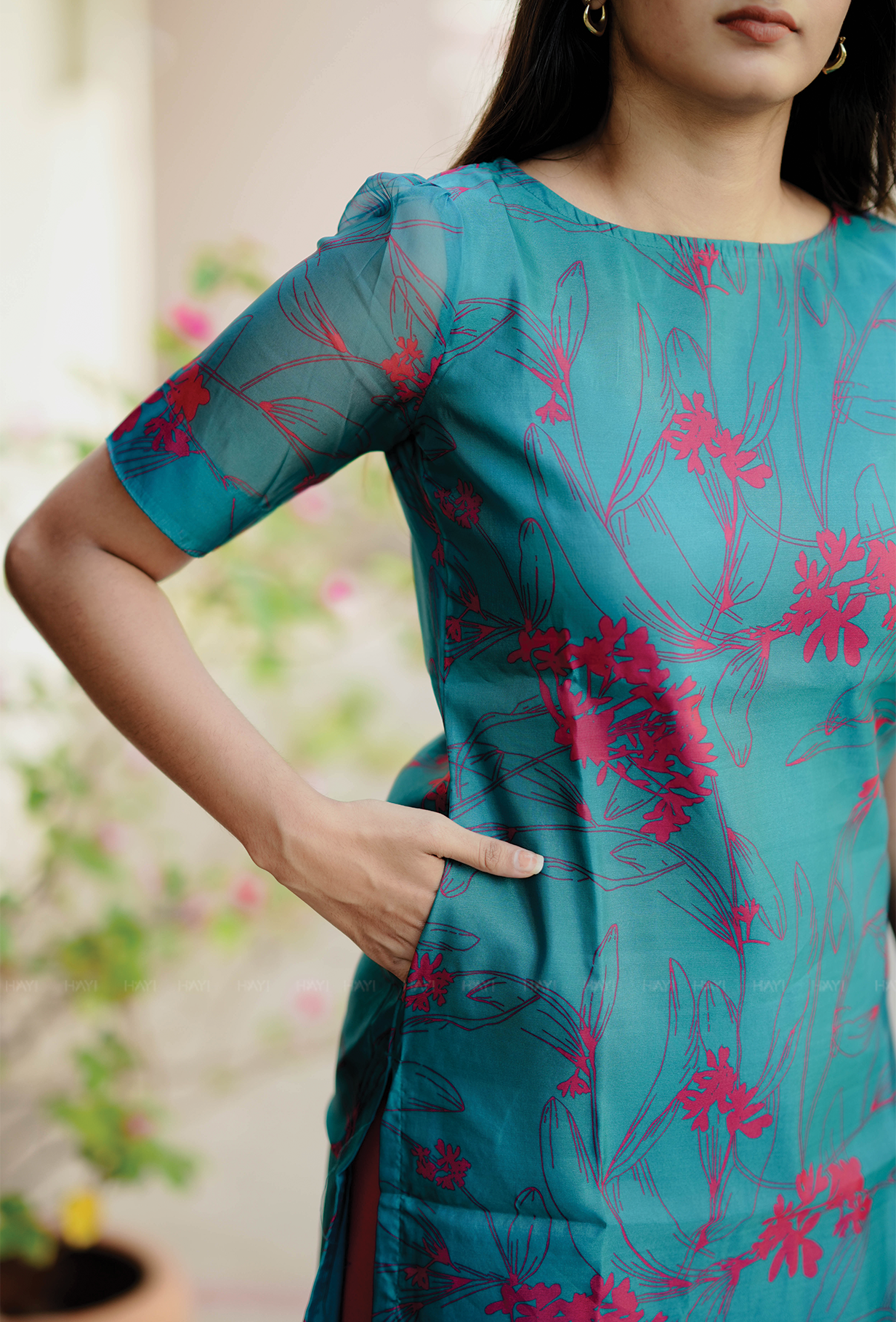 Zesty Teal with floral printed Organza kurta