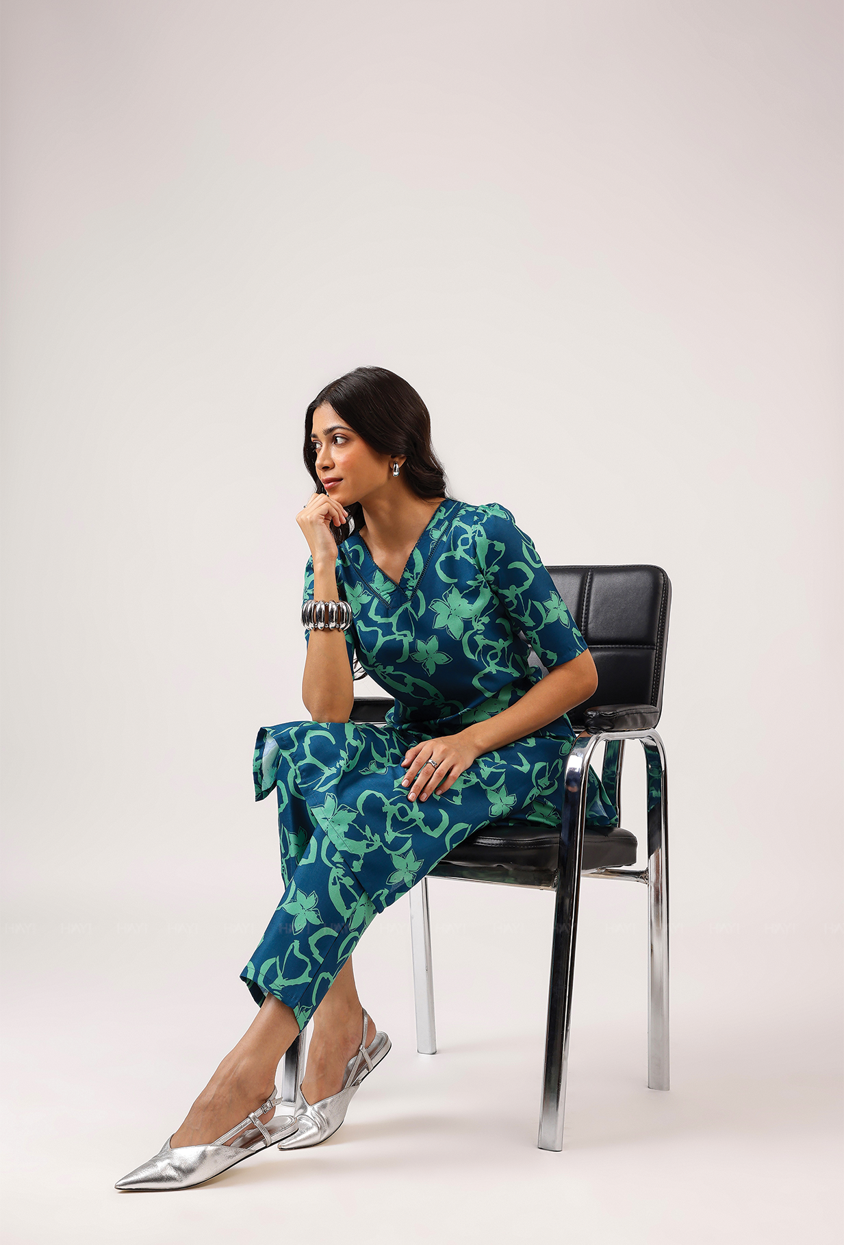 Cyan Teal Blue with Turquoise Petals printed Linen Blend Co ord set