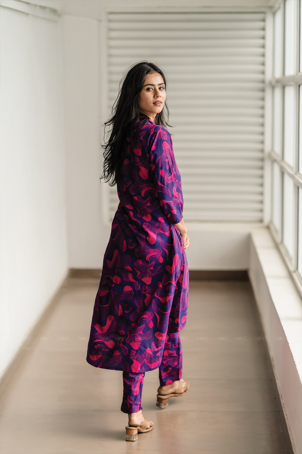 Mystic Swirl Violet Viscose Co-ord with Shirt Collar & Print