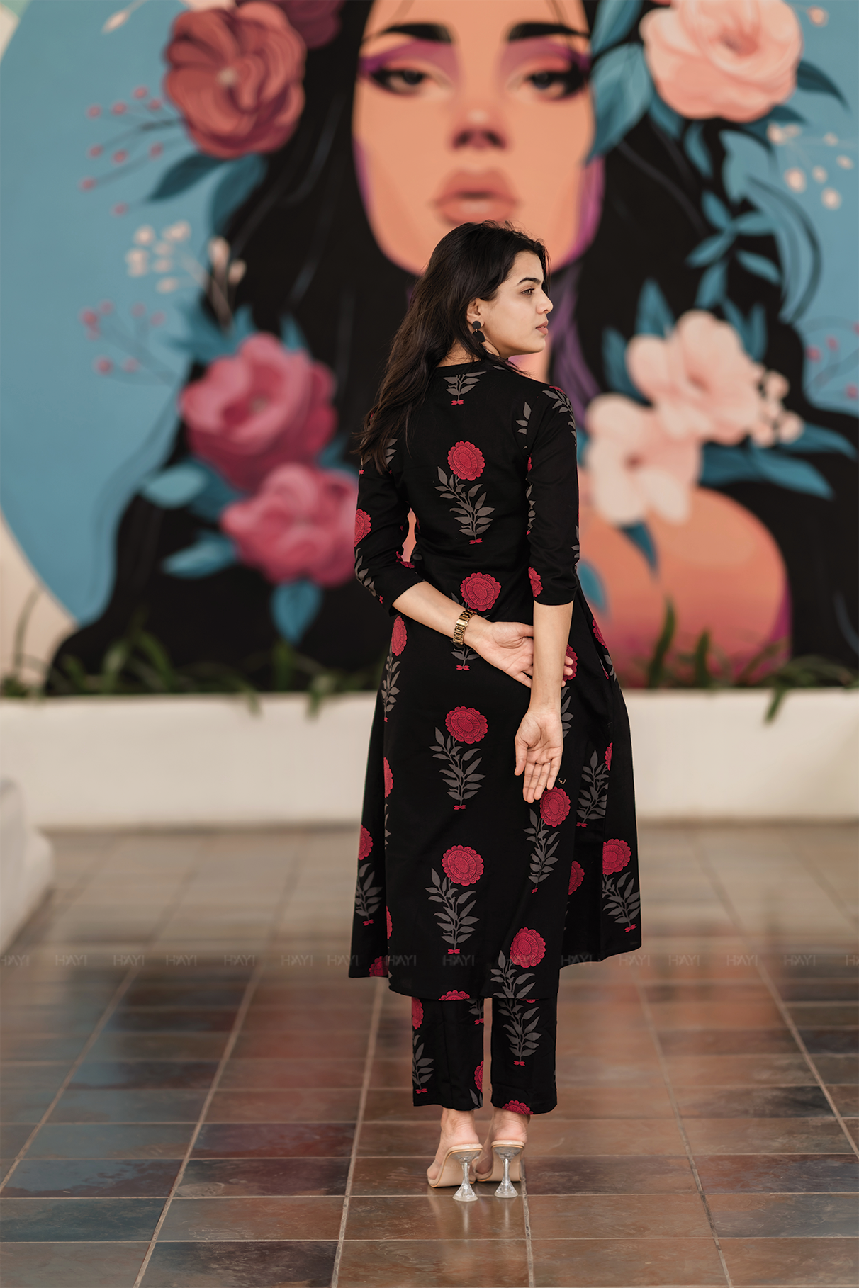 Fuchsia Mist Black Cotton Co-ord with Chinese collar & 3/4th sleeves