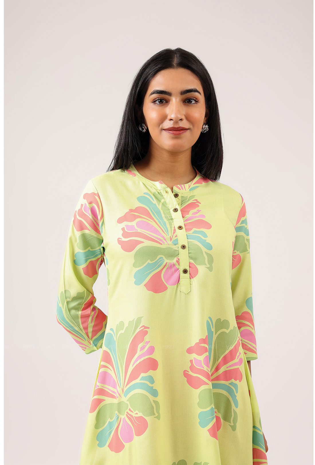 Gentle Lime with Blush Breeze printed Viscose A-line Dress
